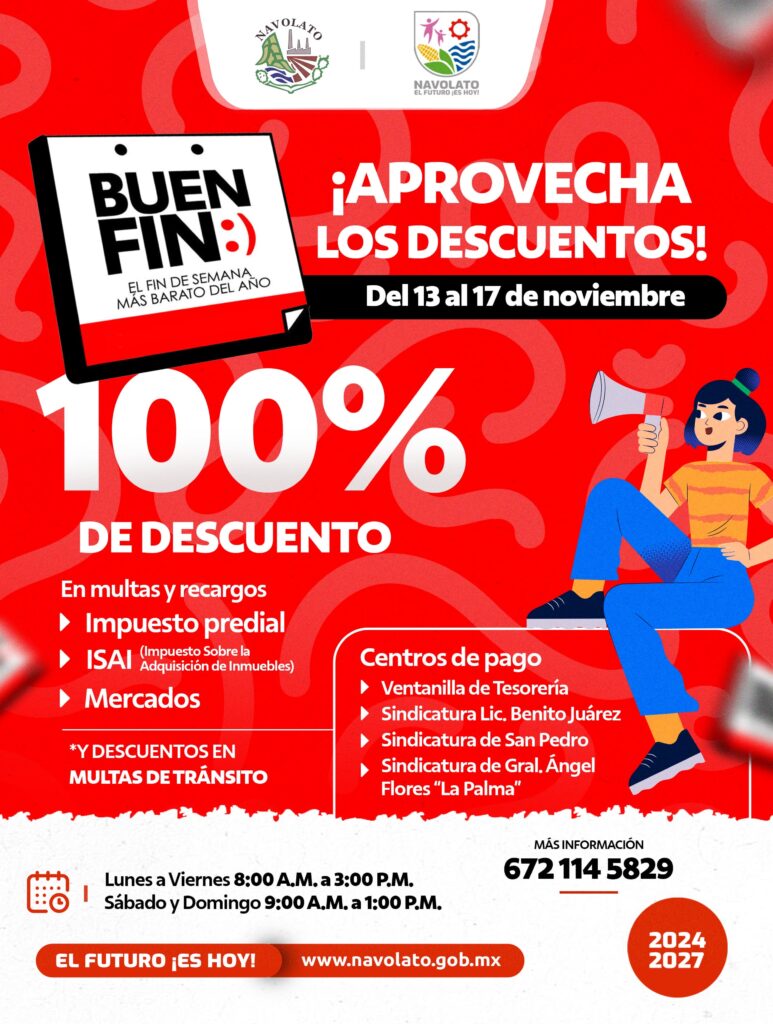 Navolato impulsa descuentos del 100% en multas y recargos durante el Buen Fin 2025