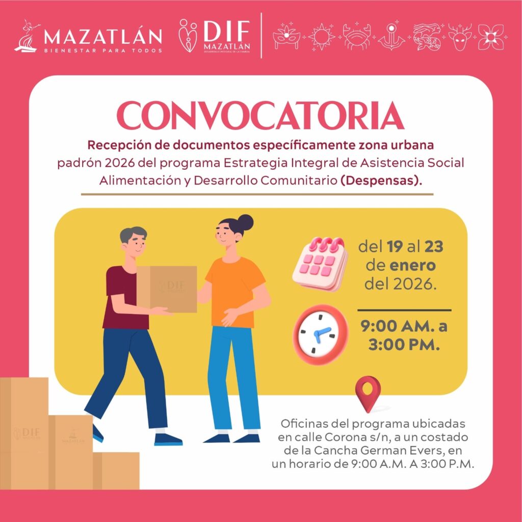 DIF Mazatlán abre convocatoria para recepción de documentos del programa de Despensas 2026 en zona urbana