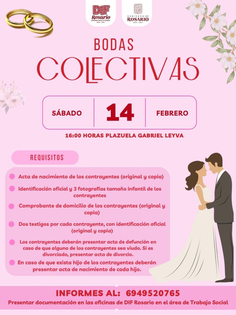Gobierno Municipal de Rosario y DIF Municipal invitan a Bodas Colectivas Gratuitas este 14 de febrero