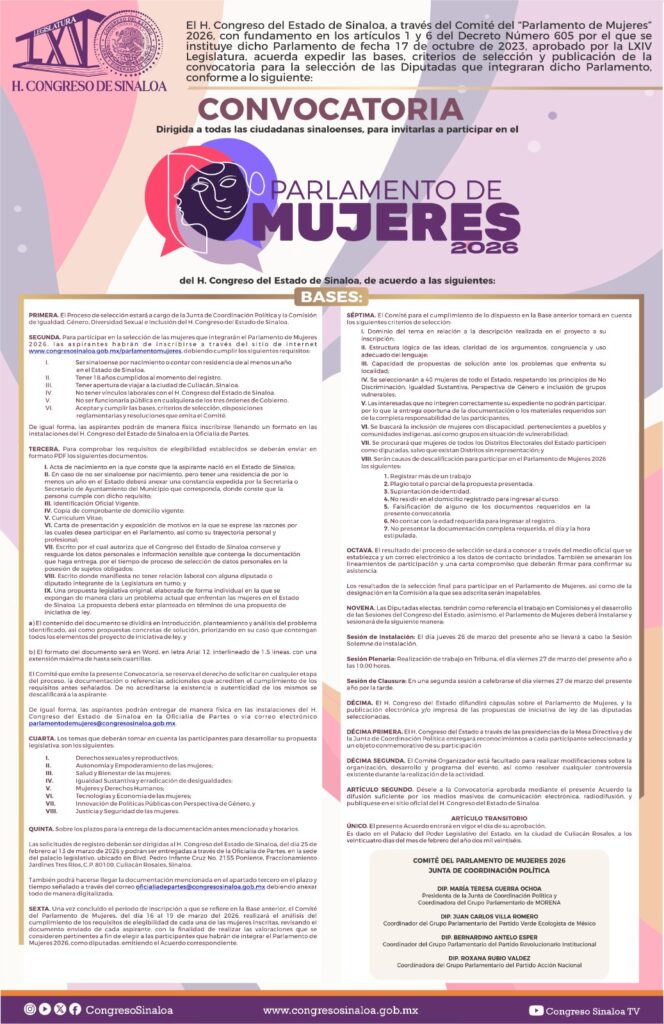 Congreso de Sinaloa aprueba Convocatoria para el Parlamento de Mujeres 2026