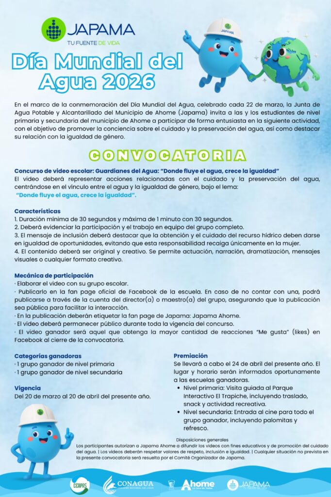 Invita JAPAMA a primarias y secundarias al concurso de videos para fomentar el cuidado del agua.