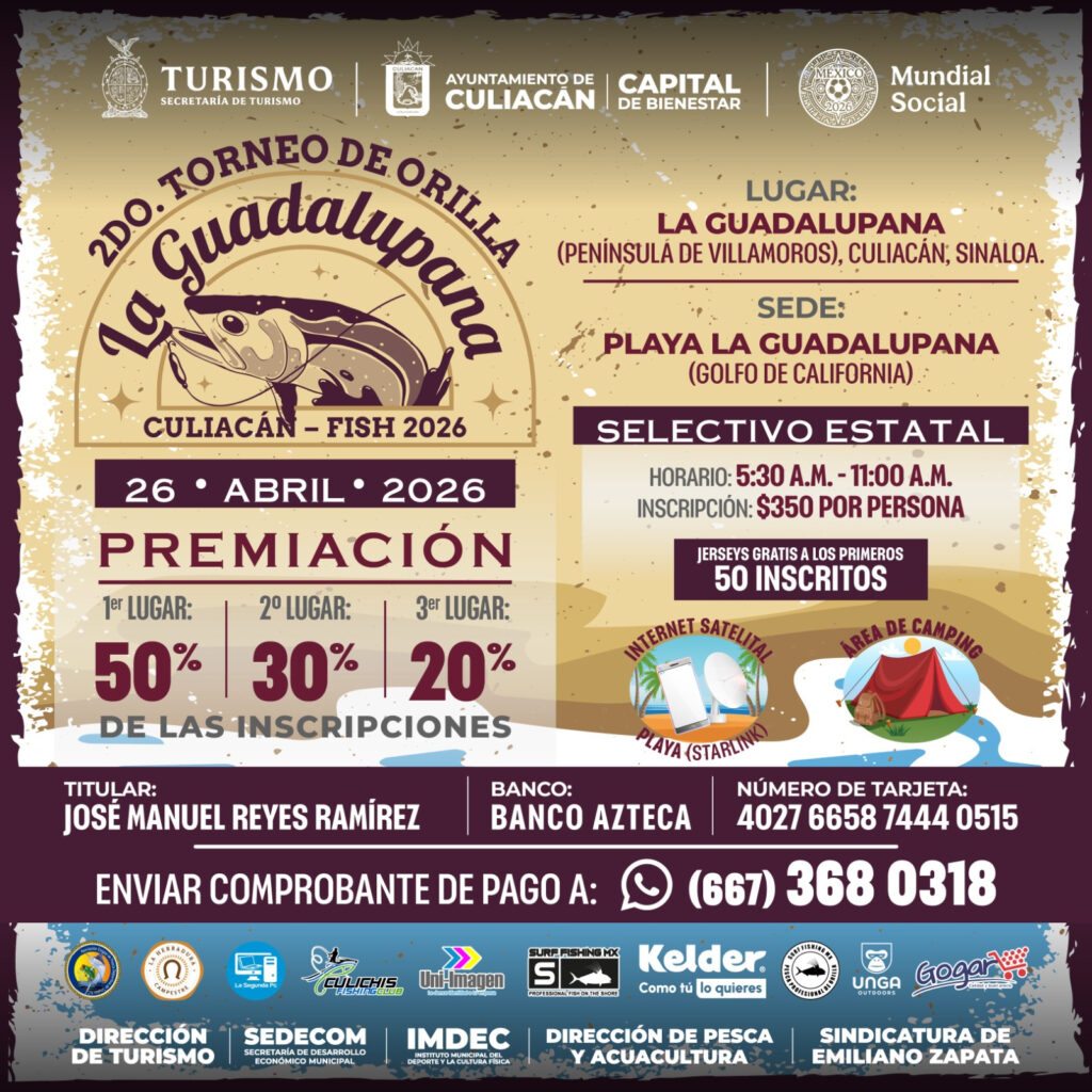 Invitan al Segundo Torneo de Orilla “La Guadalupana Culiacán Fish 2026”