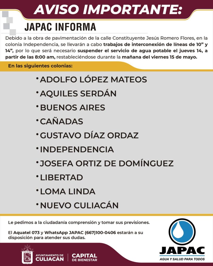 AVISO JAPAC: Por trabajos de pavimentación, habrá suspensión de servicio de agua