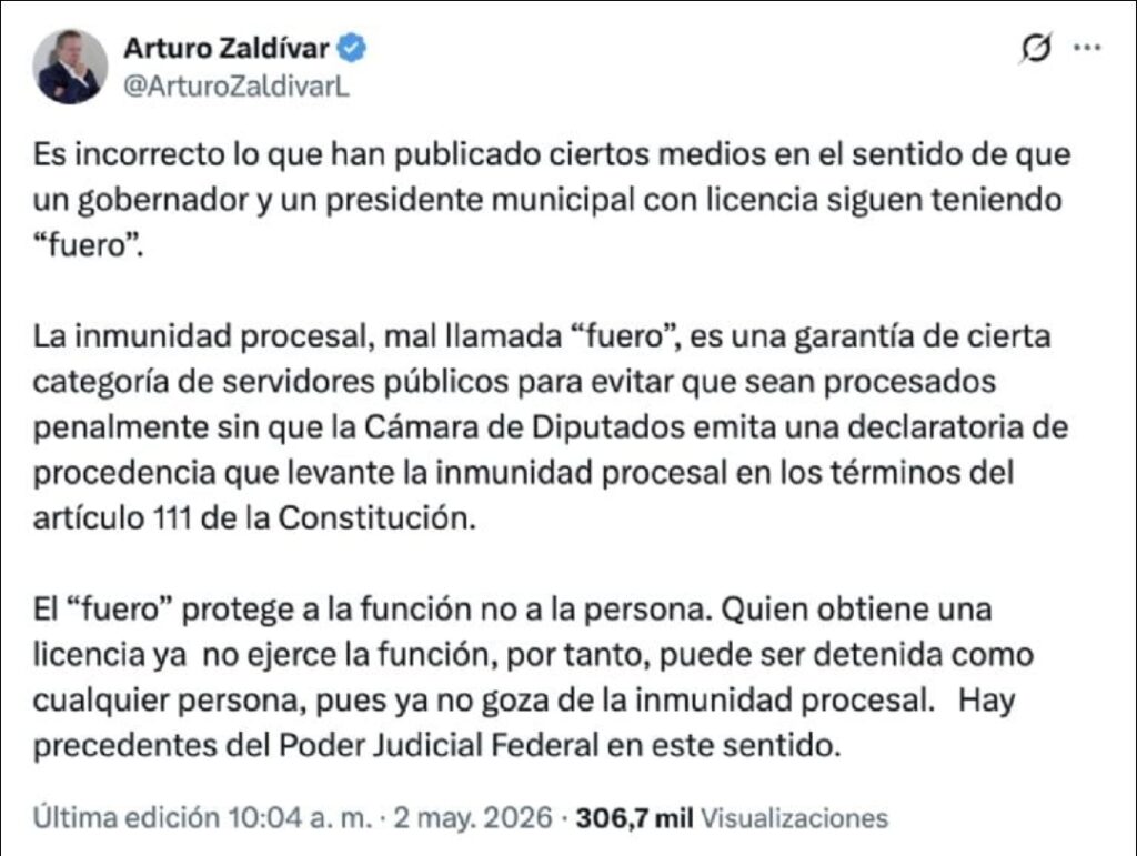 Zaldívar: licencia de Rocha implica pérdida de fuero y posibilidad de ser investigado
