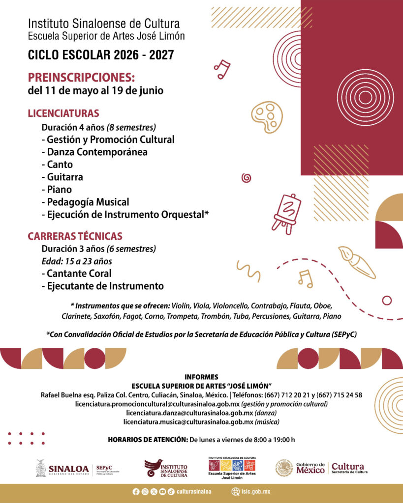 Anuncia la Escuela de Artes José Limón, periodo de preinscripciones para el ciclo escolar 2026-2027