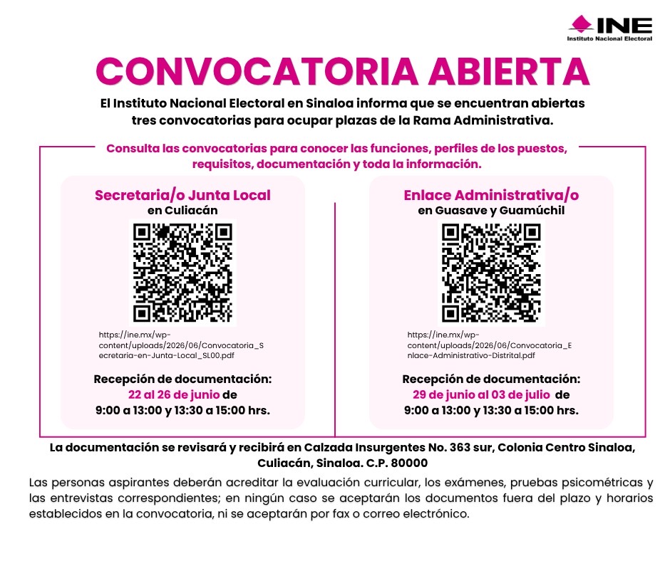 ¿Buscas trabajo? El INE Sinaloa abre convocatoria para ocupar tres plazas