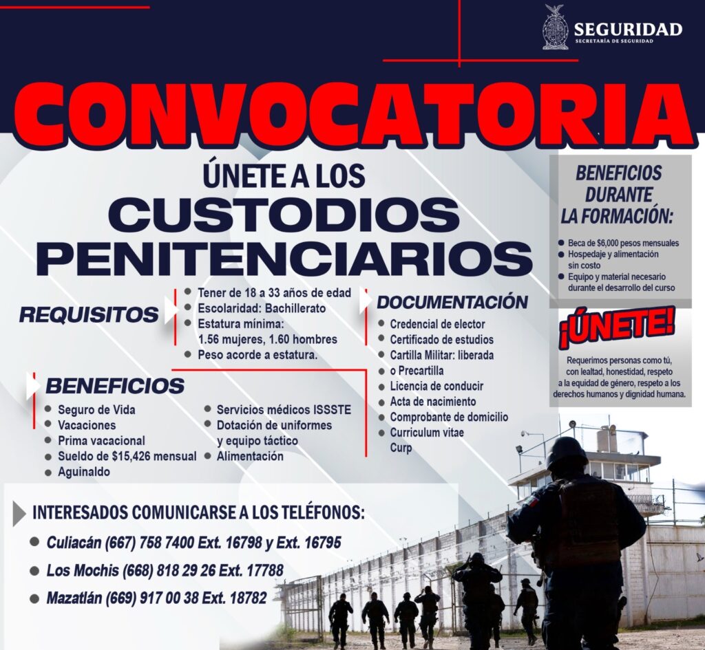 La SSP Sinaloa abre convocatoria para personal de Custodia Penitenciaria