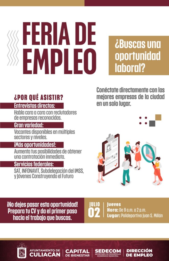 Invita el Ayuntamiento de Culiacán a la Gran Feria de Empleo este 2 de julio en el Polideportivo Juan S. Millán