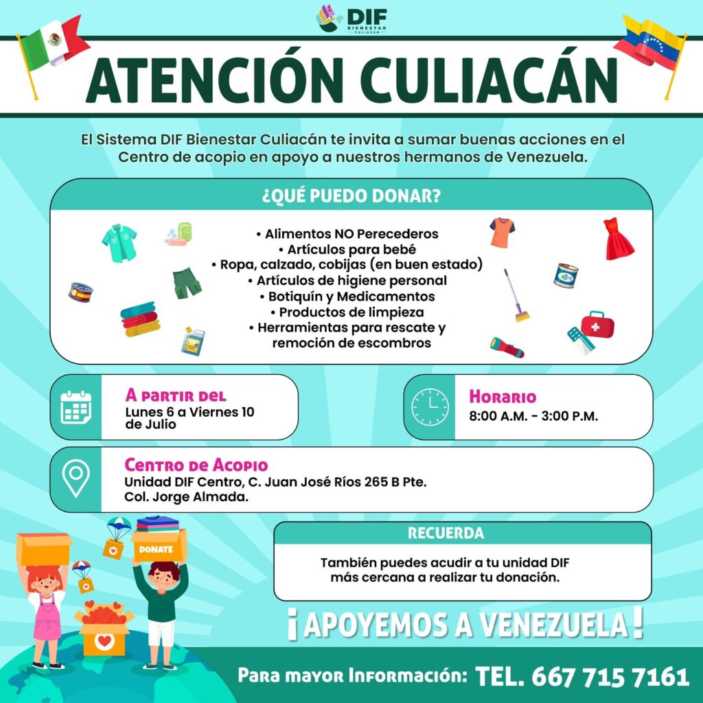 DIF Bienestar Culiacán habilita Centros de Acopio para brindar apoyo humanitario a familias afectadas por el sismo en Venezuela