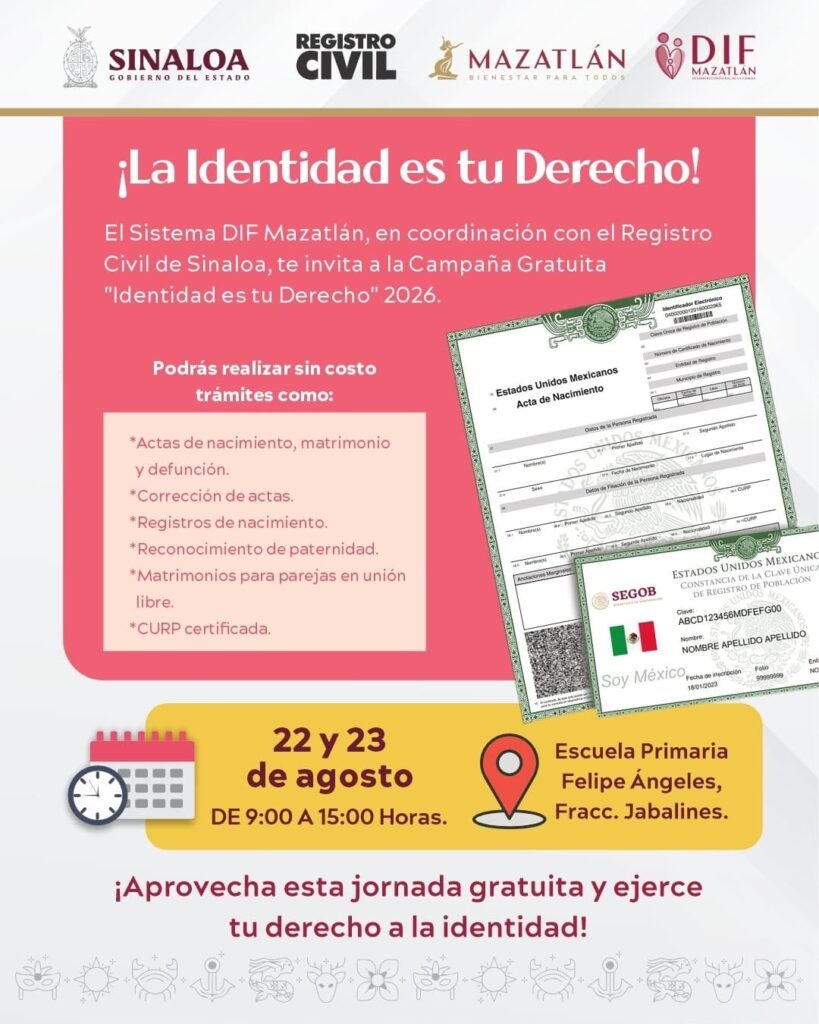 Gobierno Municipal acerca campaña gratuita “Identidad es tu Derecho” a familias de Mazatlán