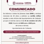 Ayuntamiento de Culiacán recuerda que el 15 de octubre vence el plazo para tramitar la Cartilla Militar, clase 2008 y remisos